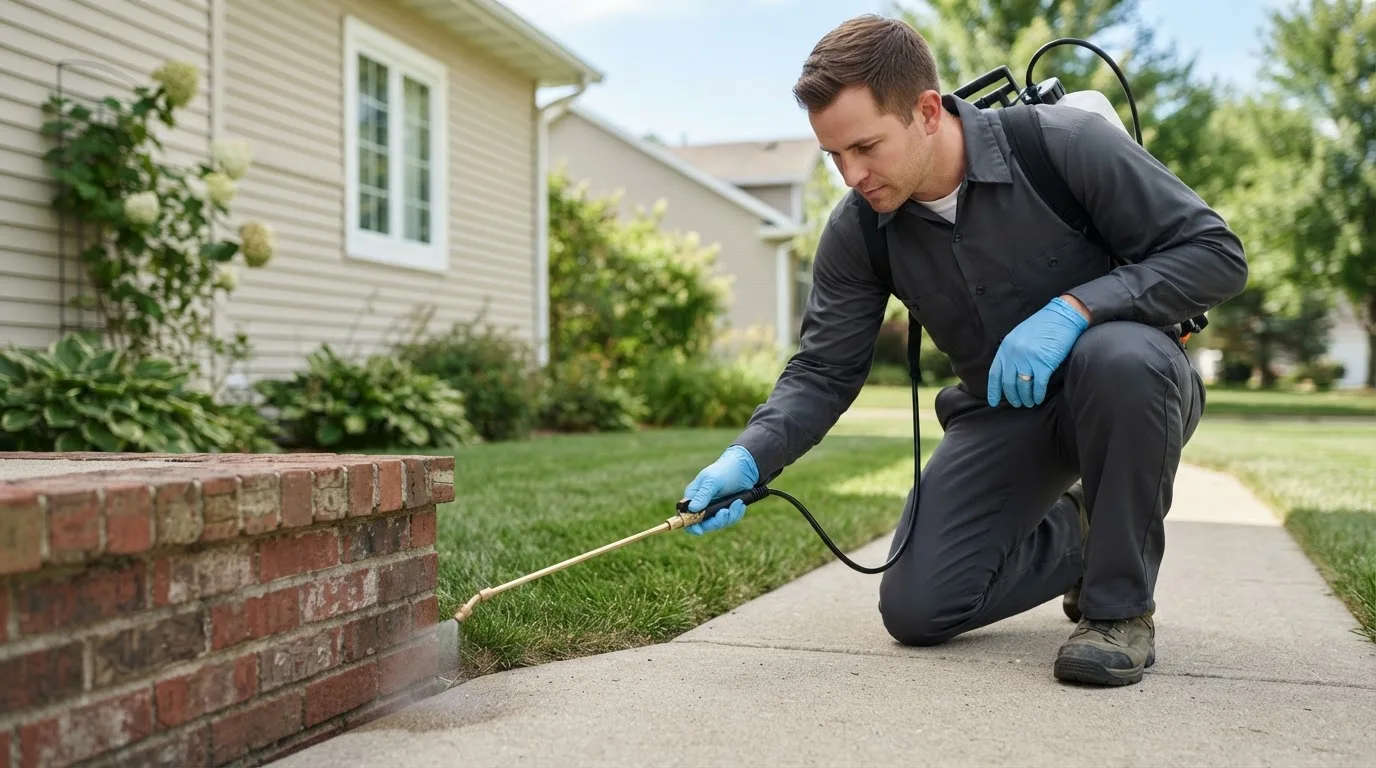 Pest control technician treating a home near Martinsville, IN