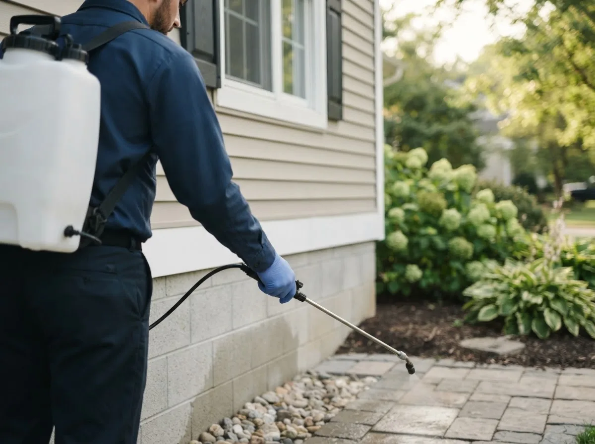 Pest control technician inspecting a home in Martinsville, IN